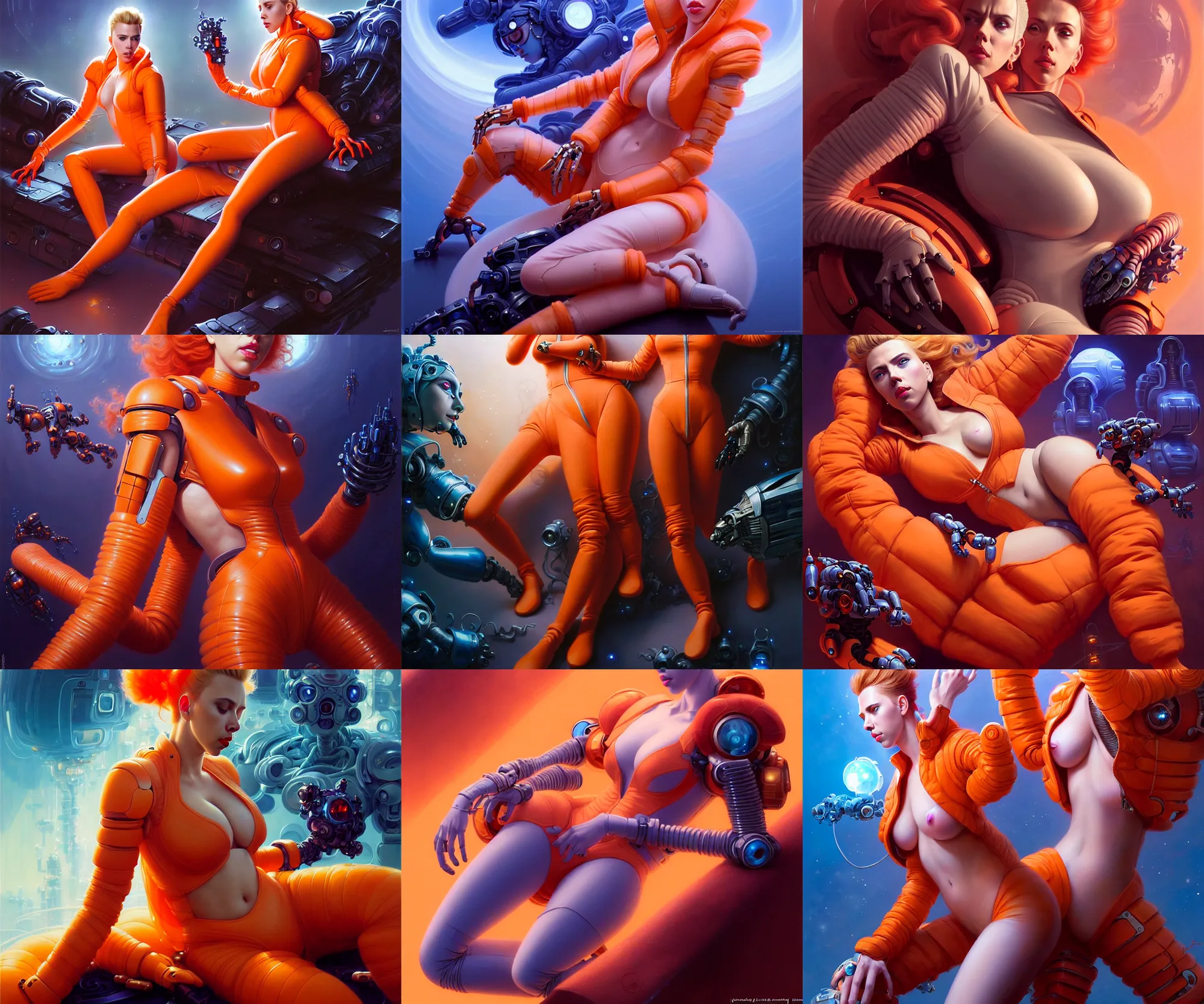 Prompt: beautiful fantasy character portrait, scarlett johansson, wearing orange puffy bomber jacket with leotard, seductive reclining pose, futuristic robots, ultra realistic, dramatic lighting, robots, the fifth element artifacts, highly detailed by peter mohrbacher, hajime sorayama, wayne barlowe, boris vallejo, aaron horkey, gaston bussiere, craig mullins