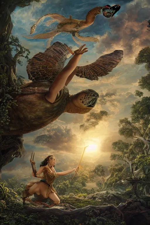 Image similar to A fantasy book style portrait painting of the Great Turtle Island at the center of the Universe, accompanied by a hybrid, Anya_Taylor-Joy, Cory Chase, Eva Green, as a Mystical Valkyrie, Anubis-Reptilian, Atlantean Warrior, François Boucher, Oil Painting, unreal 5, DAZ, hyperrealistic, octane render, Regal, Refined, Detailed Digital Art, RPG portrait, Walt Disney (1937), William-Adolphe Bouguereau, Michael Cheval, Steampunk, Volumetric Golden dappled dynamic lighting, Highly Detailed, Cinematic Lighting, Unreal Engine, 8k, HD