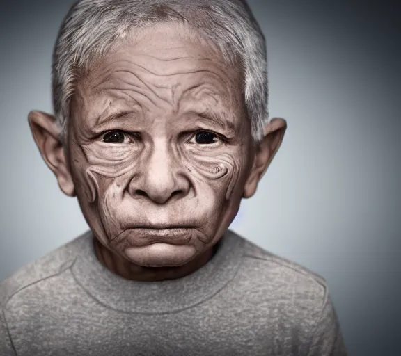 Prompt: a 4 year old boy with old wrinkly skin, wrinkly forehead, looking old, old skin, old gray hair, young kid, 4 years old, very young, portrait photo, head shot, concept art, highly detailed