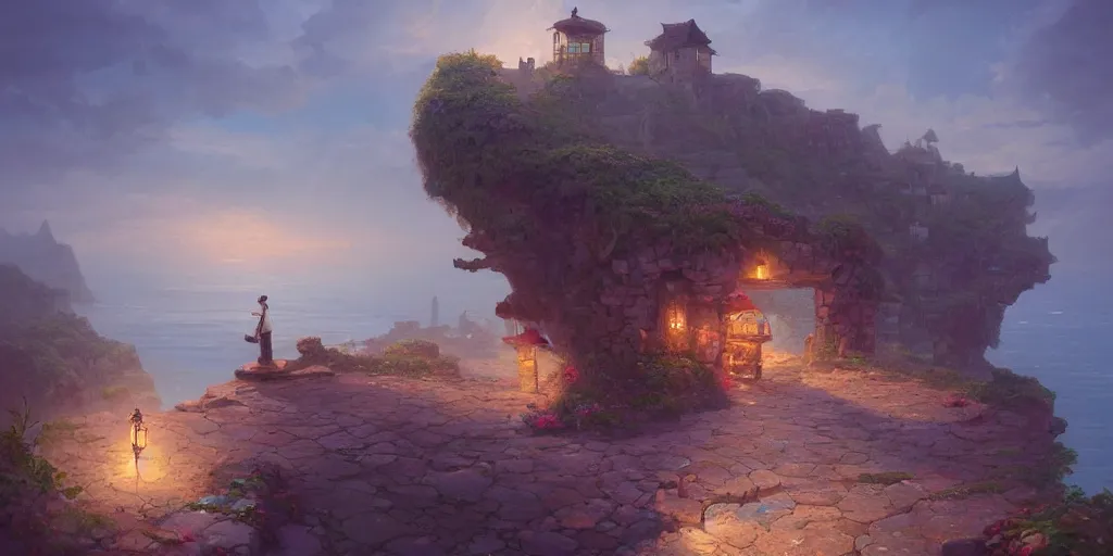 Image similar to epic professional digital art of a lonely cobblestone street with a kiosk on a cliff over the sea at sunset, highly detailed, centered, digital painting, artstation, concept art, smooth, sharp focus, illustration, by Peter Mohrbacher, WLOP