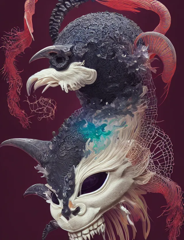 Prompt: 3 d liminal space frontal portrait with ram skull. beautiful intricately detailed japanese crow kitsune mask and clasical japanese kimono. betta fish, jellyfish phoenix, bio luminescent, plasma, ice, water, wind, creature, artwork by tooth wu and wlop and beeple and greg rutkowski