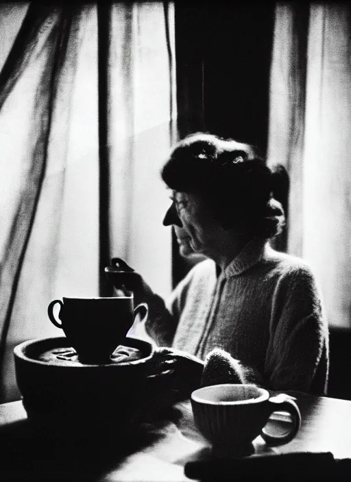 Image similar to A frame from the film 'Knitting at Home sipping some tea' directed by Salvador Dali, 70mm, grainy film photography, chiaroscuro, highly detailed, masterpiece