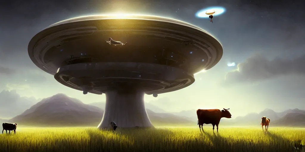 Prompt: a beautiful ufo abducting a cow from a field, digital art, landscape, fantasy art, octane render, unreal engine, high detail, very realistic, by greg rutkowski. by james gurney