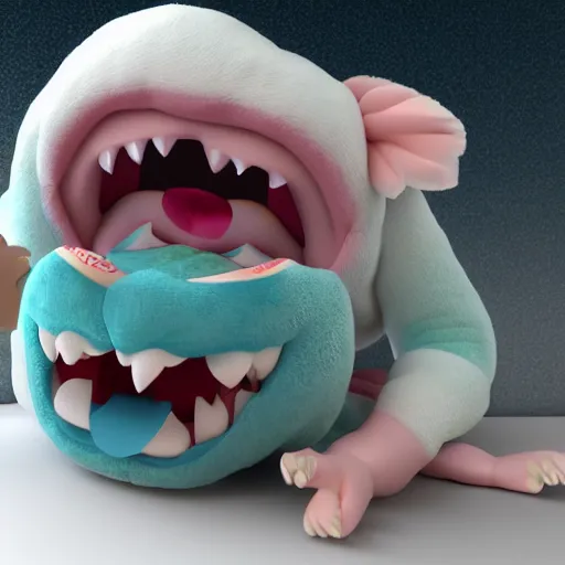 Prompt: cute fumo plush of a hungry monster girl, large maw smile, vray