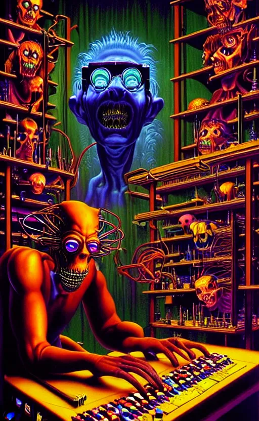 Prompt: a hyperrealistic painting of an ornate supreme dark overlord synthesizing demons at his laboratory workstation, cinematic horror by the art of skinner, chris cunningham, lisa frank, richard corben, highly detailed, vivid color,