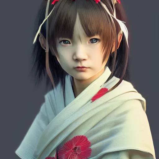 Prompt: Clothed kimono. realistic style at CGSociety by WLOP,ilya kuvshinov,krenz cushart,Greg Rutkowski,trending on artstation.Zbrush sculpt colored,Octane render in Maya,Houdini VFX.Realistic fantasy cute young girl who is dark disciple,expressing joy,wearing kimono, silky hair, blue eyes.Oil painting.Cinematic dramatic atmosphere,sharp focus,soft volumetric studio lighting.