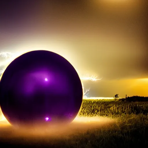 Prompt: a giant metal purple orb floating in a lighting storm