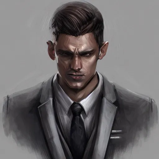 Image similar to portrait of an agent in a suit armed with a kriss vector, D&D, fantasy, elegant, hopeful, muscular, highly detailed, digital painting, artstation, concept art, smooth, sharp focus, illustration