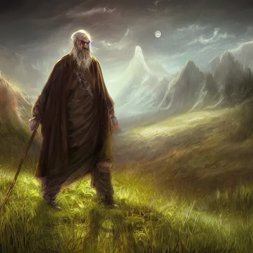 Image similar to Old prophet wandering about a haunted meadow, Fantasy Realm, Distant mountains, Digital Art, 4k