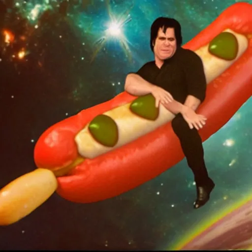 Prompt: danzig riding a giant hotdog through space in technicolor