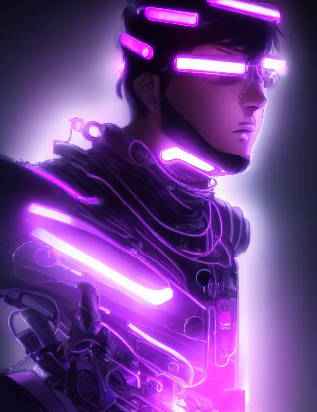 Prompt: a detailed manga portrait of a black haired cyborg man with glowing neon purple lights, trending on artstation, digital art, 4 k resolution, detailed, high quality, sharp focus, hq artwork, coherent, insane detail, character portrait