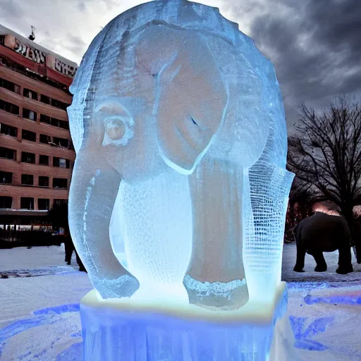 Prompt: fish frozen inside an ice sculpture of an elephant