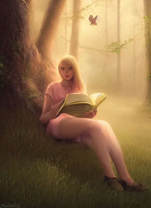 Prompt: portrait, blond girl sits in mystical misty forest, reading under a tree, fireflies, dramatic lighting, cinematic, establishing shot, extremly high detail, foto realistic, cinematic lighting, post processed, concept art, artstation, matte painting, style by eddie mendoza, raphael lacoste, alex ross