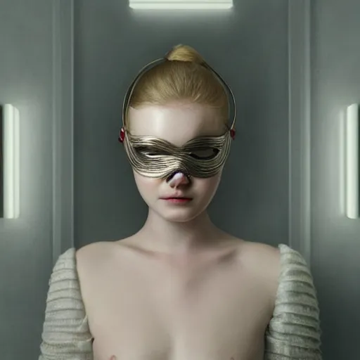 Image similar to Elle Fanning wearing a mask over her eyes in the style of Paola Vetri, head and shoulders portrait, stormy weather, extremely detailed masterpiece, oil on canvas, low-key neon lighting, artstation, Blade Runner 2049, Roger Deakin’s cinematography, by J. C. Leyendecker and Peter Paul Rubens and Edward Hopper and Michael Sowa,