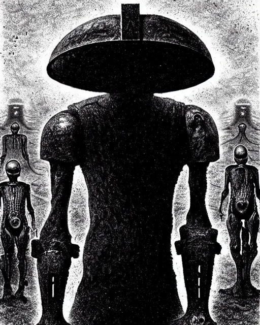 Image similar to full-body creepy realistic central composition, a decapitated soldier with futuristic elements. he welcomes you into the fog with no head, dark dimension portal, empty helmet inside is occult mystical symbolism headless full-length view. attendants watching, standing in ancient machine eldritch energies disturbing frightening eerie, uneasy atmosphere, artwork by Salvador Dali and Junji Ito