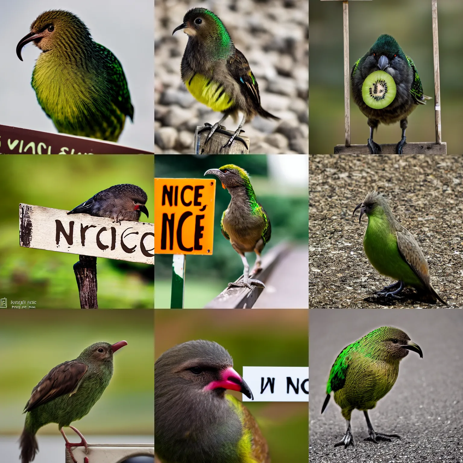 Prompt: kiwi bird with a sign that says nice, sigma 8 5 mm, detailed