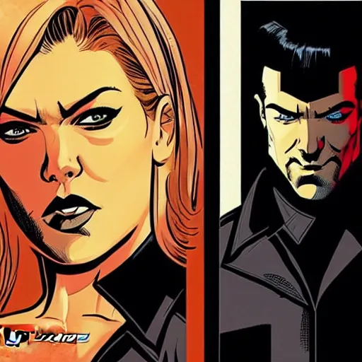 Prompt: Rafael Albuquerque comic art, Adrianne Palicki as a Russian spy, black outfit, smirk, fun pose, hair pulled back symmetrical face, symmetrical eyes, realistic face