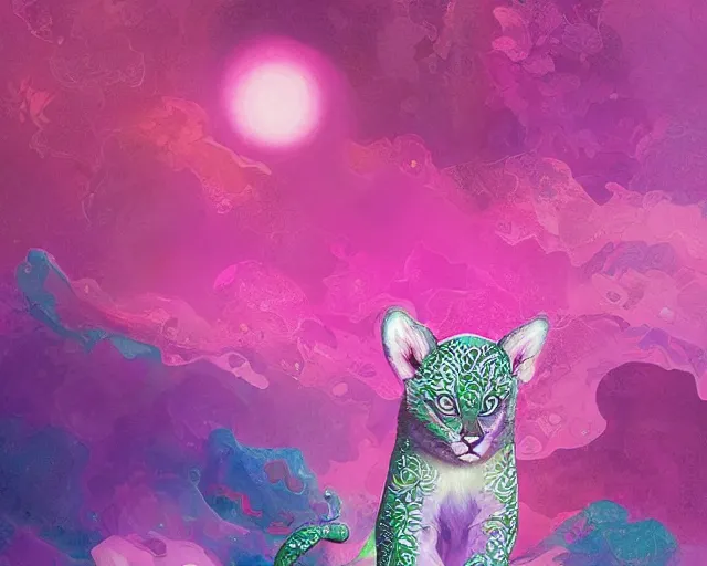 Image similar to falling jade cub with patterned sides falling melting to pieces on abstract pink and purple cloud background, illustration by ( kieran yanner ) ( miranda meeks ) ( anna podedworna ) ( cristi balanescu ), digital art