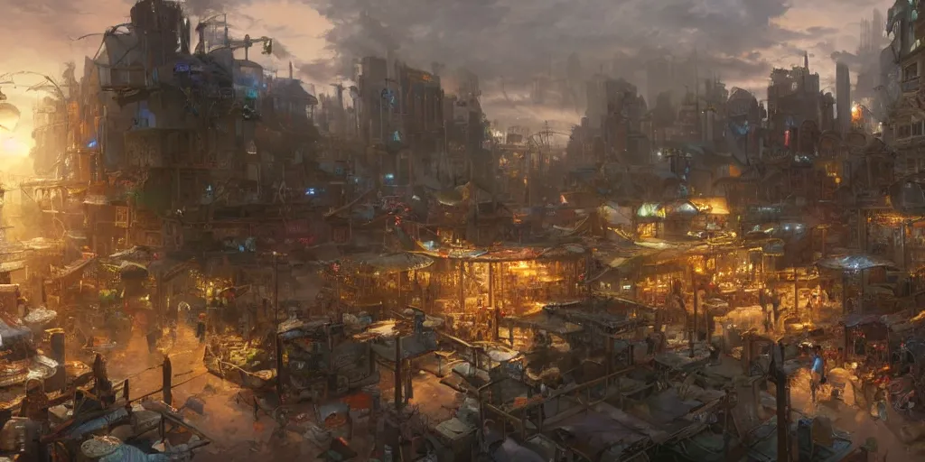 Prompt: screenshot of a marketplace in a massive makeshift city, dappled light, colossal arcing metal structures high in the sky, beautiful, awe inspiring, fps, thomas kinkade, by craig mullins, james gurney, greg rutkowski, sparth, mucha, cinematography, cinematic masterpiece