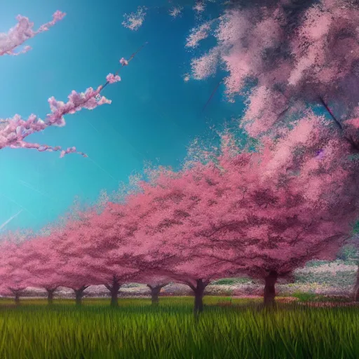 Prompt: Field full of cherry blossoms, Makoto Shinkai and Hayao Miyazaki style,