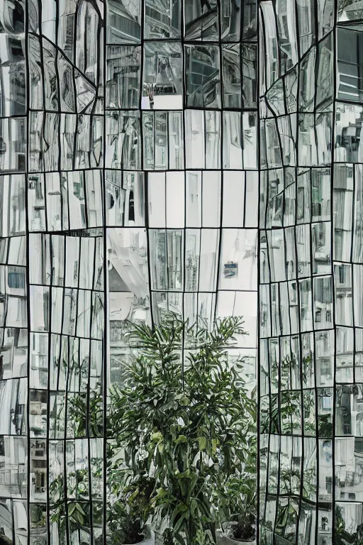 Prompt: Medium Format Portrait Photo of a modern architectural interior made of mirrors with many beautiful plants and flowers. award winning, highly detailed, depth of field, Cinestill 800t, wide shot, photo print.