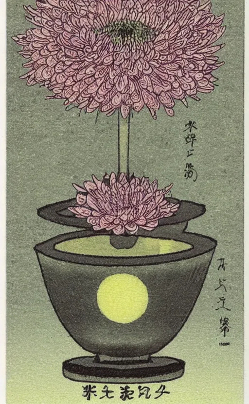 Image similar to by akio watanabe, manga art, chrysanthemum flower inside small japanese sake cup, trading card front