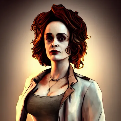 Image similar to helena bonham carter portrait, borderlands, tales from the borderlands, the wolf among us, comic, cinematic lighting, studio quality, 8 k