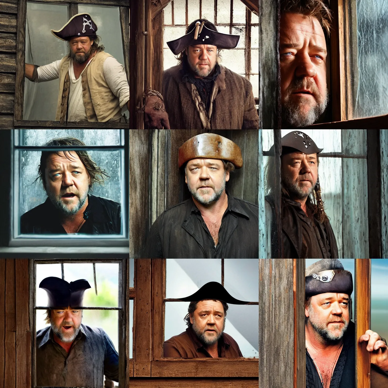 Image similar to russell crowe wearing a too wide silly pirate hat behind a dirty window and wooden wall staring out