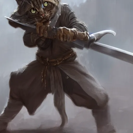 Image similar to a high detail shot of a dirty, homeless cat wielding a sword, realism, 8 k, fantasy, d & d, concept art