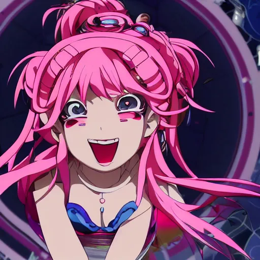 Image similar to stunningly beautiful omnipotent megalomaniacal anime goddess who looks like junko enoshima with symmetrical perfect face and porcelain skin, pink twintail hair and mesmerizing cyan eyes, looking down upon the viewer and taking control while smiling in a mischievous way, mid view from below her feet, hyperdetailed, 2 d anime, 8 k