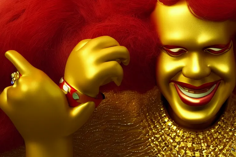 Image similar to a still of ronald mcdonald surrounded by gold and diamonds, award - winning, photograph, 3 d render, unreal engine, 4 k detailed