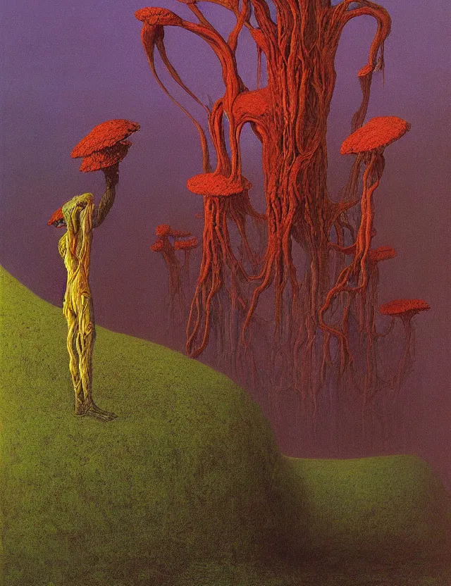 Image similar to fungal bloom monarch on ancient throne, forgotten slime mold king by zdzisław beksiński, oil painting award winning, chromatic aberration radioactive colors