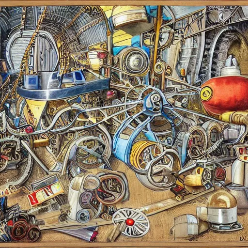 Image similar to a chaotic scene of a crazy machine with lots of details and contraptions. there is a small pair of scissors hidden in the details. the illustration is very detailed and intricate, with a lot of small elements that come together to create a cohesive whole. it uses a limited palette of colors, which helps to create a cohesive and unified look.