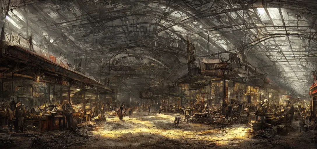 Image similar to post apocalyptic market in a subway track by eugene von guerard, ivan shishkin, dramatic lighting, concept art, trending on artstation