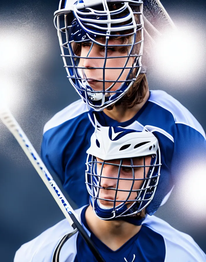 Image similar to closeup portrait of very beautiful cute male lacrosse player in a penn state stadium, glamour pose, particle effects, backlit, highly detailed, soft ambient lighting, sharp focus, rule of thirds, artgerm, wlop, arney freytag, rossdraws, frank frazetta, andrei riabovitchev, hd, octane, 4 k