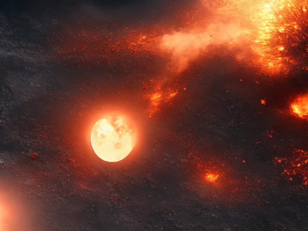 Prompt: wide shot of the moon falling out of orbit and crashing into earth, causing an fiery extinction-level event, 8k resolution, high detail, epic scale, trending on artstation