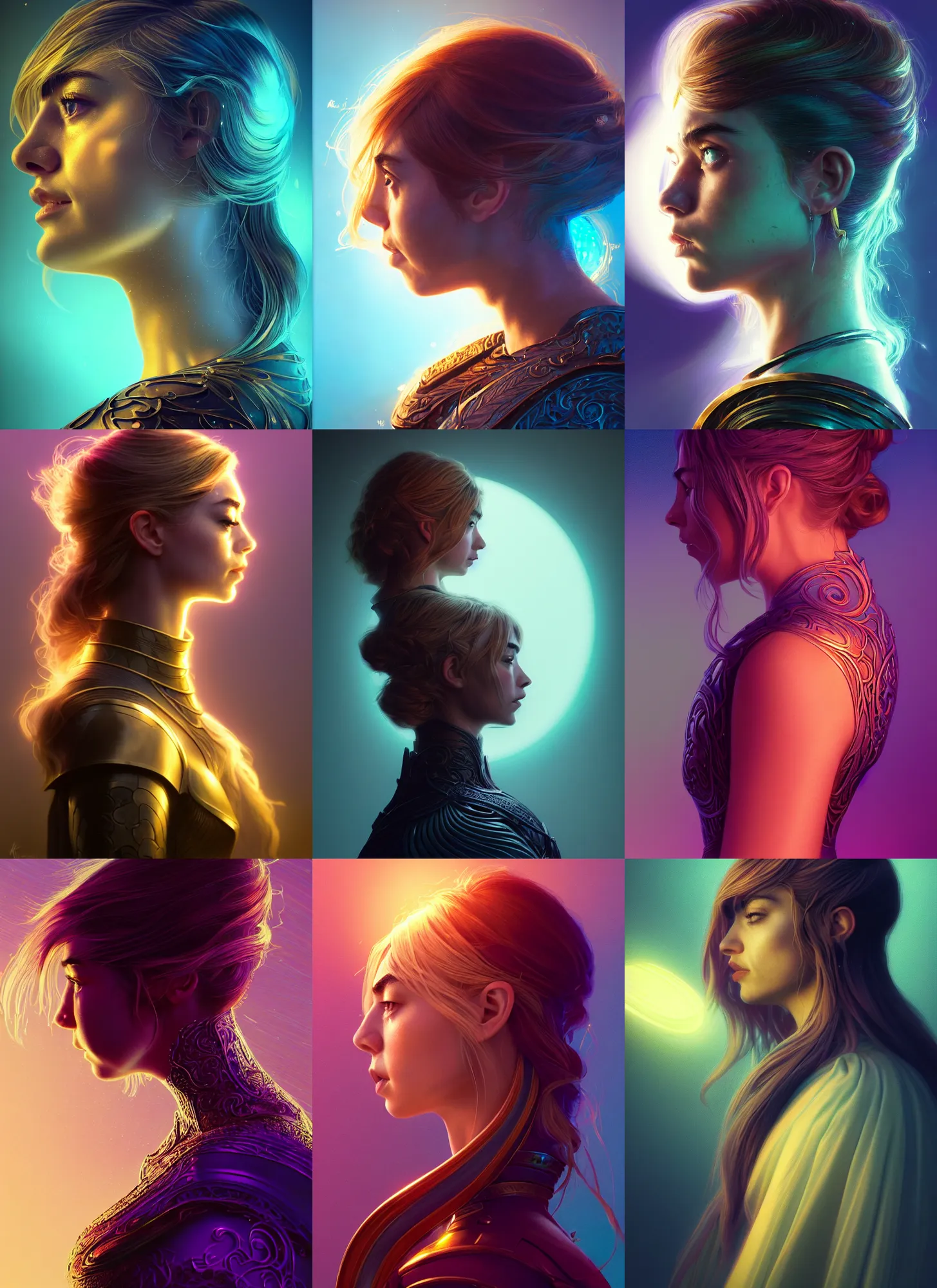 Prompt: side profile portrait, imogen poots paladin, elden ring, d & d, soft, smooth, luminescent, art nouveau, concept art, backlit glow, ripples, swirly vibrant color lines, holy, gaudy colors, aesthetic octane render, 8 k hd, by ilya kuvshinov, cushart krentz, gilleard james