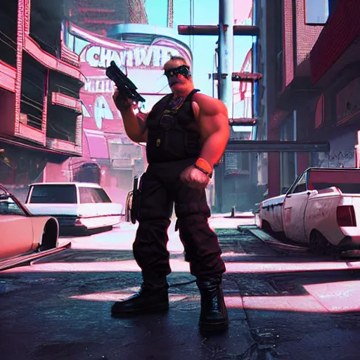 Prompt: Duke Nukem on a cyberpunk city street