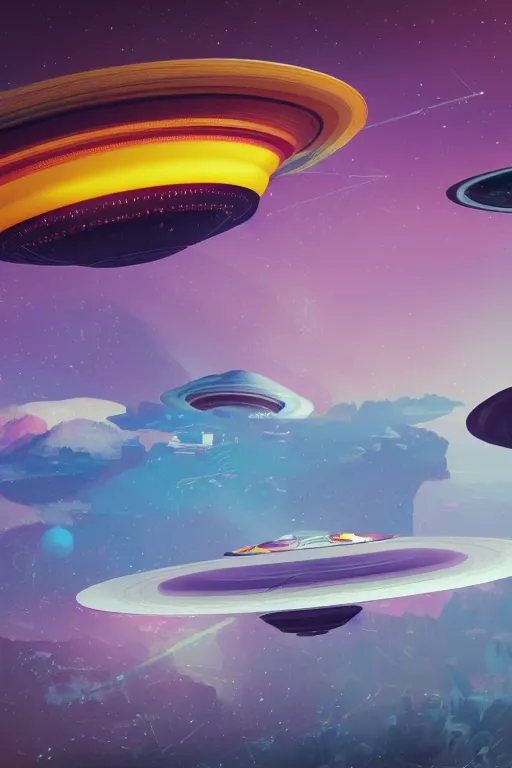 Image similar to bauhaus art style poster of a flying saucer invasion, vivid colors, high details, cinematic, 8k resolution, beautiful detailed, photorealistic, digital painting, artstation, concept art, smooth, sharp focus, illustration, fantasy background, artstation trending, octane render, unreal engine