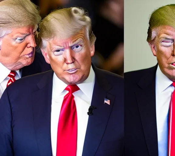 Image similar to photo of joe biden and donald trump kissing intimately as the puppetmaster pushes their heads together, hyperrealism