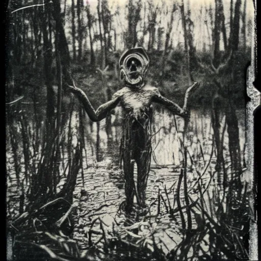 Image similar to creepy lovecraftian monster in swamp, 1 9 1 0 polaroid photo