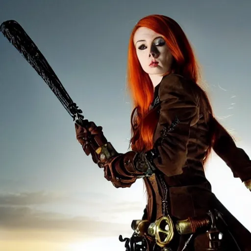 Prompt: photo of karen gillan as a steampunk amazon warrior