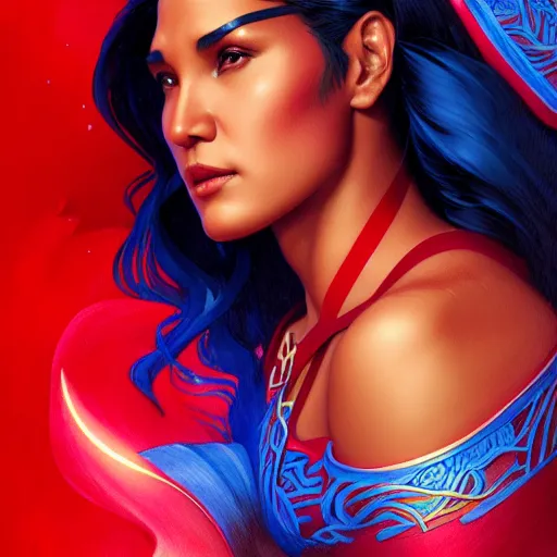 Image similar to iza calzado as darna, volumetric lights, red and cyan theme, art nouveau botanicals, intricate, highly detailed, digital painting, artstation, concept art, smooth, sharp focus, cinematic, illustration, beautiful face, art by artgerm and greg rutkowski and alphonse mucha