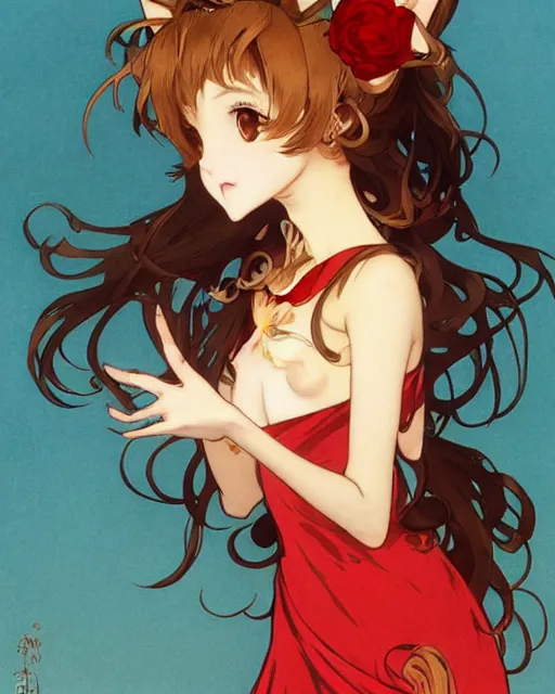 Image similar to A cute frontal fullbody painting of a beautiful anime skinny foxgirl with curly brown colored hair and fox ears on top of her head wearing a cute red dress with rose symbolic sitting on the stone looking at the viewer, elegant, delicate, soft lines, higly detailed, smooth , pixiv art, cgsociety, artgem, art by Gil Elvgren alphonse mucha, high quality, digital illustration, concept art