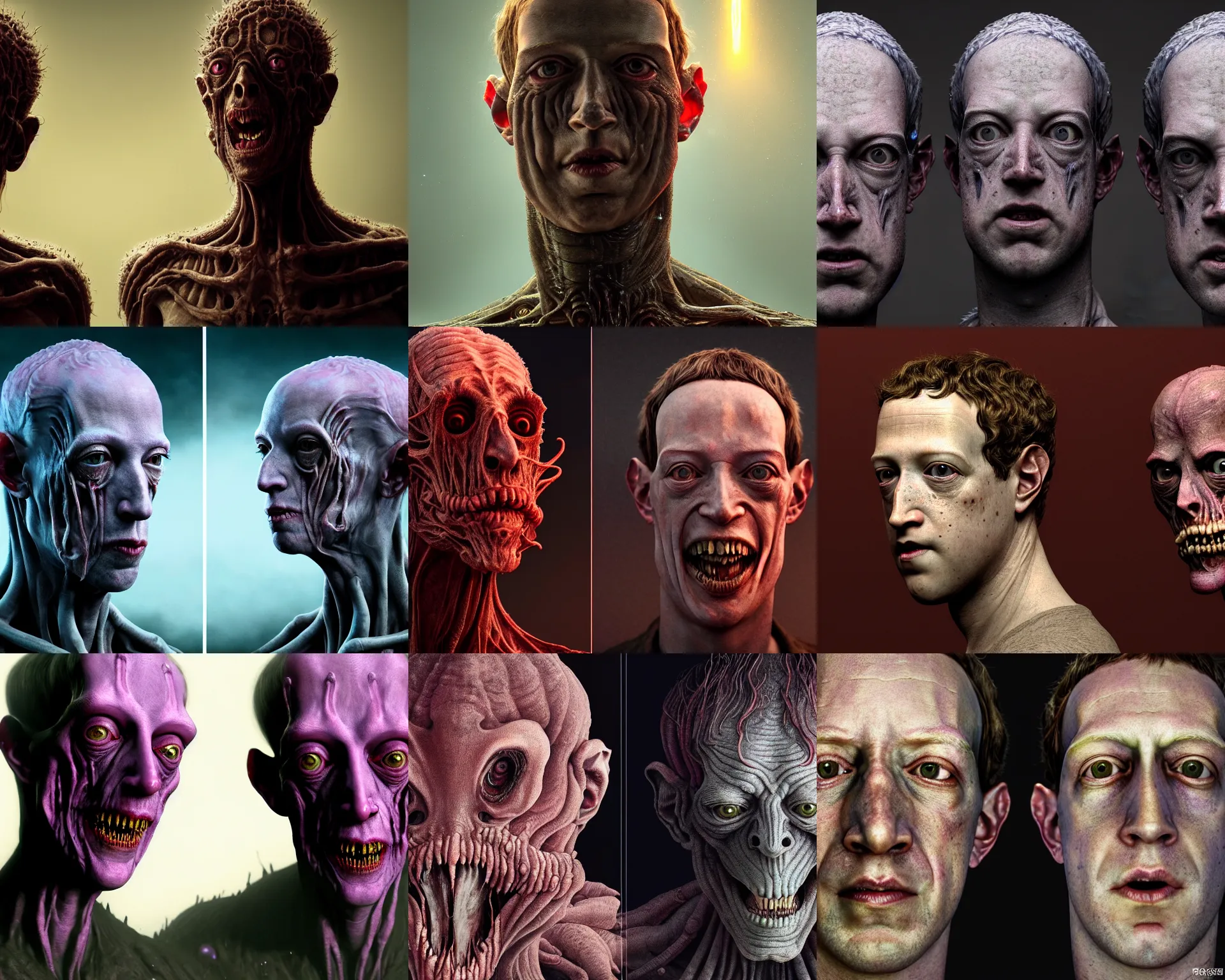 Prompt: stunning portrait of grotesque and horrifying mark zuckerberg twins, victorian era, lovecraftian horror, cosmic horror!! cinematic lighting, horror fiction, digital art, winning award masterpiece, fantastically beautiful, aesthetically inspired by wayne barlowe and gerald brom, trending on artstation, art by greg rutkowski and h r giger, octane render, 8 k,