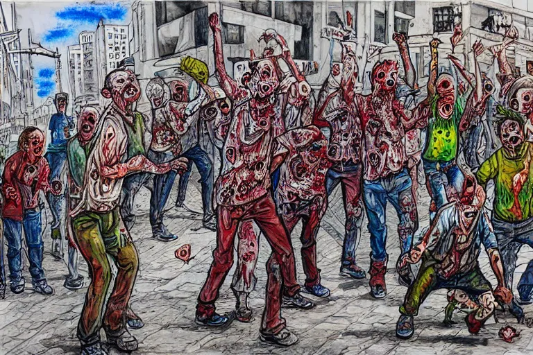 Image similar to zombies in the street of tel aviv. pen drawing. realistic. colorful. highly detailed. watercolors