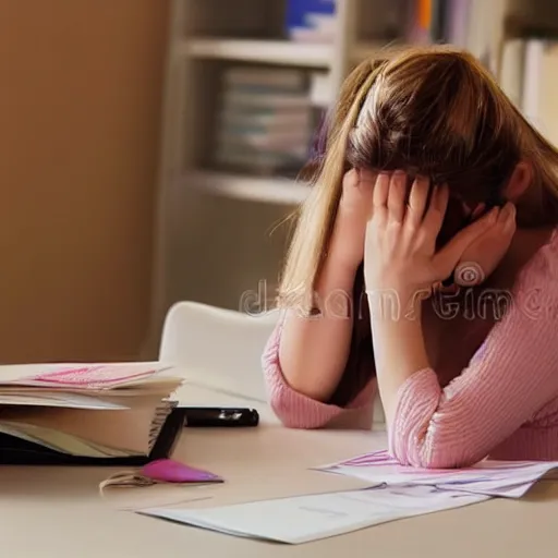 Image similar to a barbie doll with an exhausted look on her face sits at a desk with large stacks of paper on it. her head is resting on her hand. she looks exhausted. stock photo, golden hour, photorealistic, render