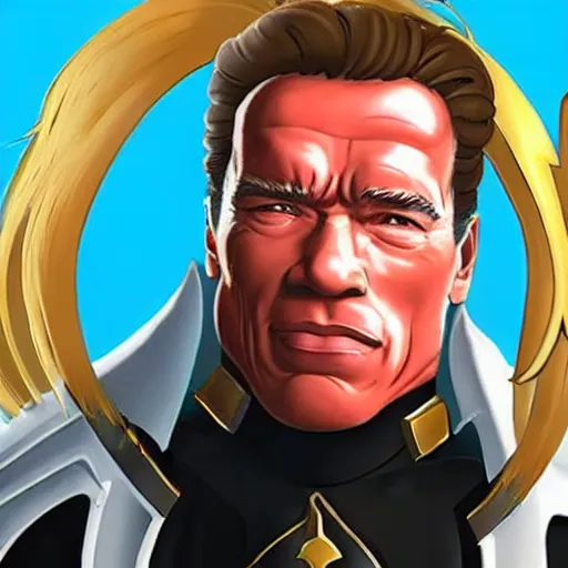 Image similar to a screenshot of arnold schwarzenegger as mercy in overwatch