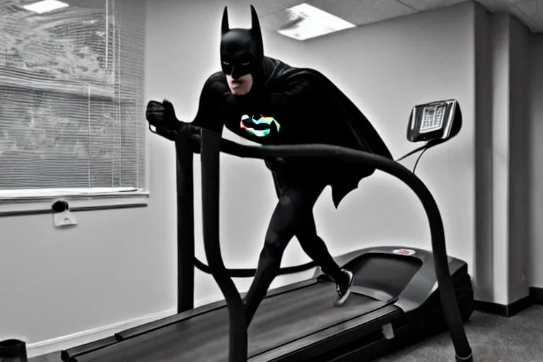 Prompt: batman on a treadmill caught on trail cam