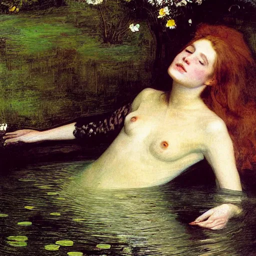 Image similar to ophelia painting, john everette millais. woman floating in pool of orbeez